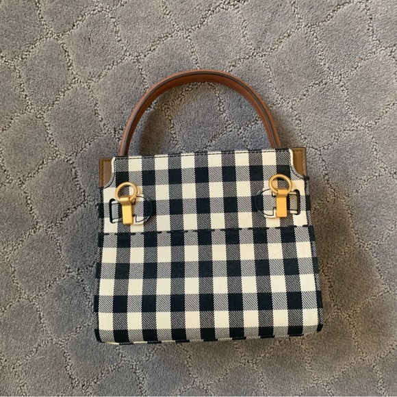 Tory Burch Black & White Gingham Top-Handle Satchel with Brown Trim - Picture 4 of 5